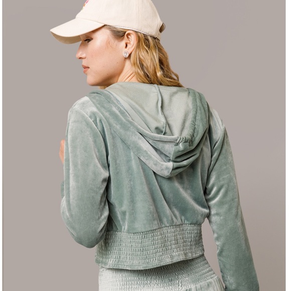 Francesca’s Mya Velour Full Zip Hoodie in Sage Green - Picture 2 of 14